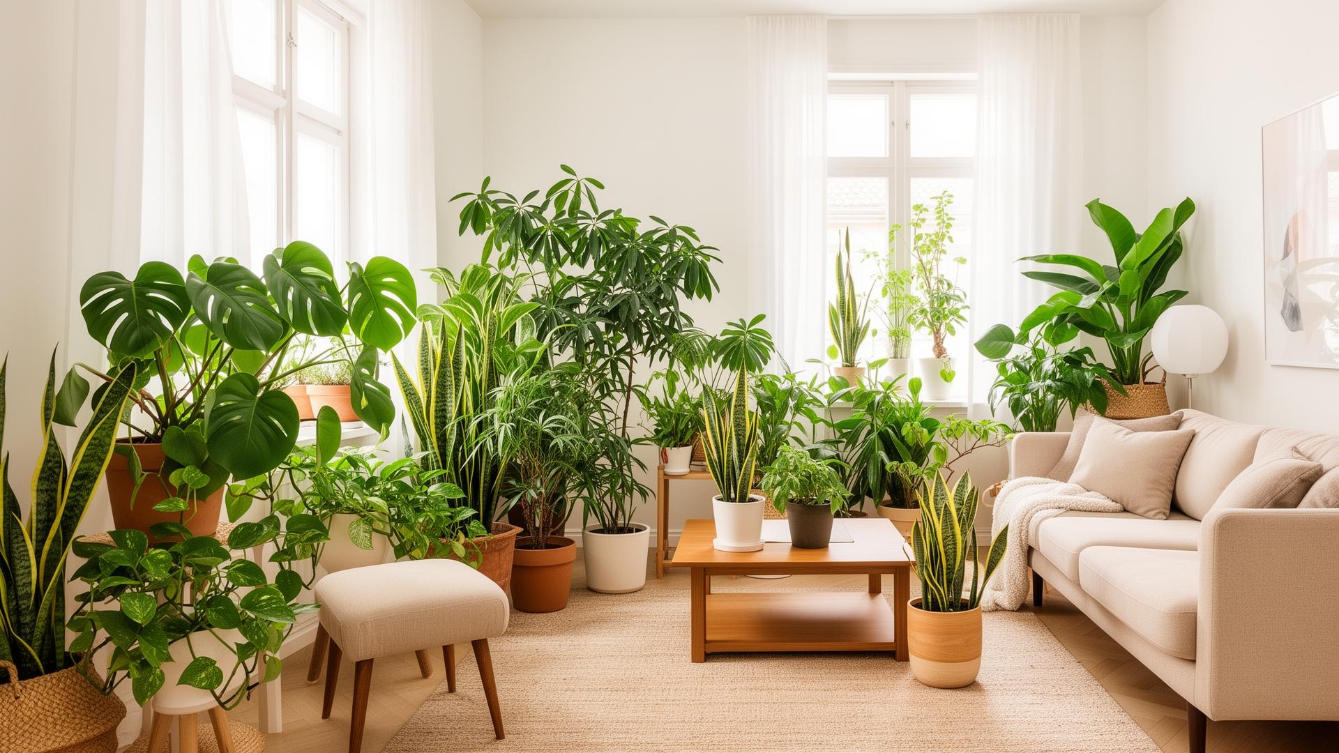 Modern living room filled with indoor plants